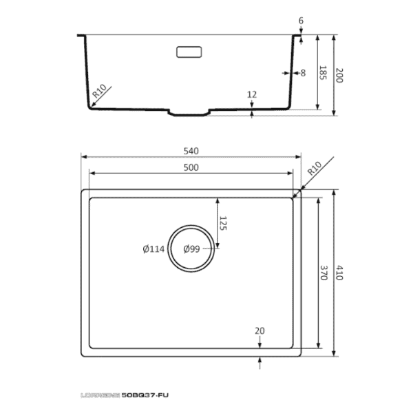 Lorreine 50BQ37-FU Luxe Enkele Keukenspoelbak Graniet Zwart Met Korfplug Zwart 50 x 37 Vlakbouw Of Onderbouw