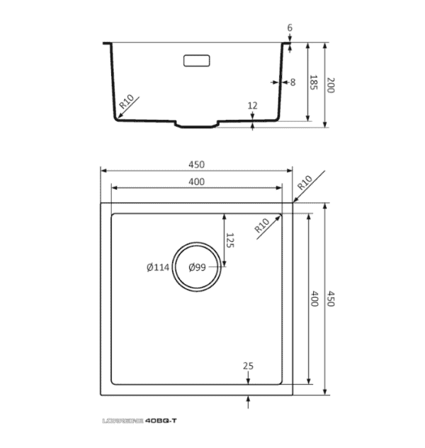 Lorreine 40BQ-T-Inox Luxe Enkele Keukenspoelbak Graniet Zwart Met Korfplug RVS 40 x 40 Opbouw