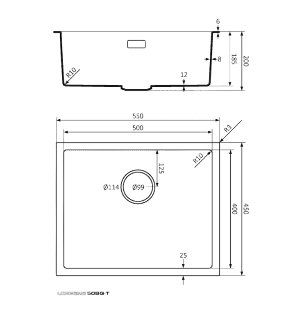 Lorreine 50BQ-T-Copper Luxe Enkele Keukenspoelbak Graniet Zwart Met Korfplug Copper 50 x 40 Opbouw