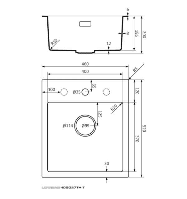 Lorreine 40BQ37TH-T Luxe Enkele Keukenspoelbak Met Kraangat Graniet Zwart Met Korfplug Zwart 40 x 37 Opbouw