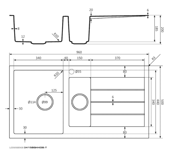 Lorreine 3415BQ44DB-T-Inox Luxe Anderhalve Keukenspoelbak Graniet Zwart Met Korfplug RVS 96 x 50 Opbouw