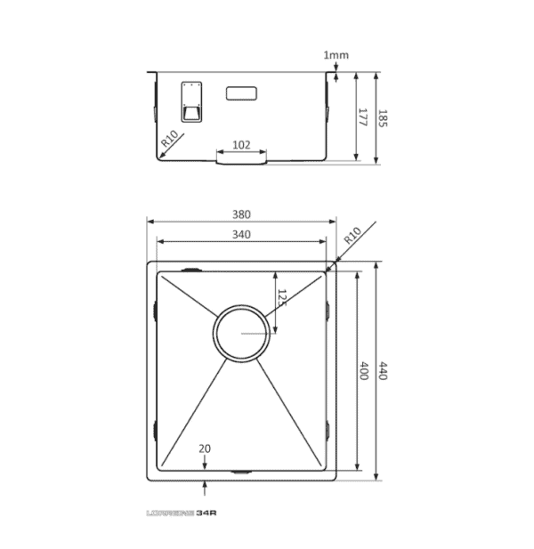 Lorreine 34R Enkele Keukenspoelbak RVS 34 x 40 Onderbouw - Vlakbouw - Opbouw
