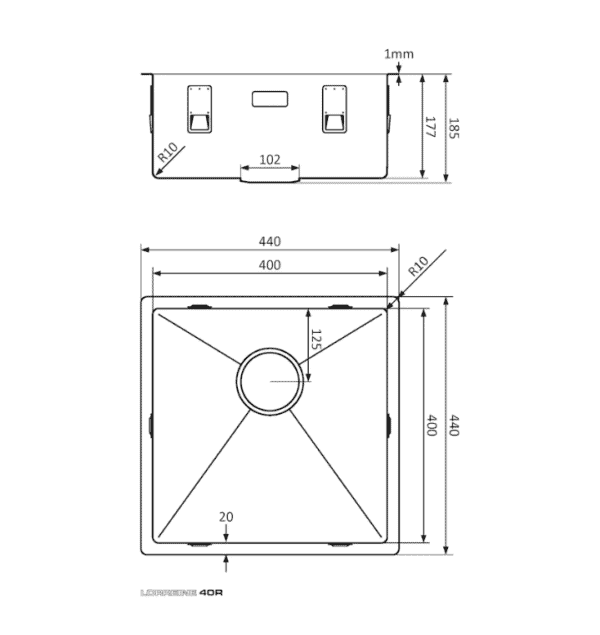 Lorreine 40R Enkele Keukenspoelbak RVS 40 x 40 Onderbouw - Vlakbouw - Opbouw