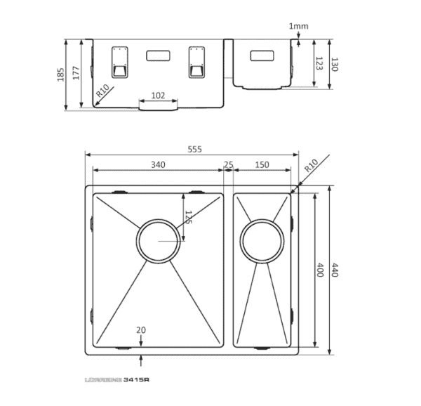 Lorreine 3415R Anderhalve Keukenspoelbak Links RVS 34 x 40 + 15 x 40 Onderbouw - Vlakbouw - Opbouw