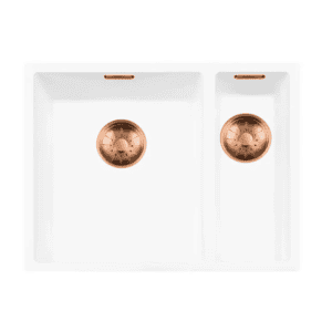 Lorreine 3415WQ-FU-Copper Luxe Anderhalve Keukenspoelbak Links Graniet Wit Met Korfplug Copper 34 x 40 + 15 x 40 Vlakbouw Of Onderbouw