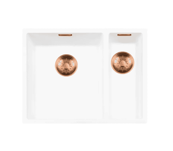 Lorreine 3415WQ-FU-Copper Luxe Anderhalve Keukenspoelbak Links Graniet Wit Met Korfplug Copper 34 x 40 + 15 x 40 Vlakbouw Of Onderbouw
