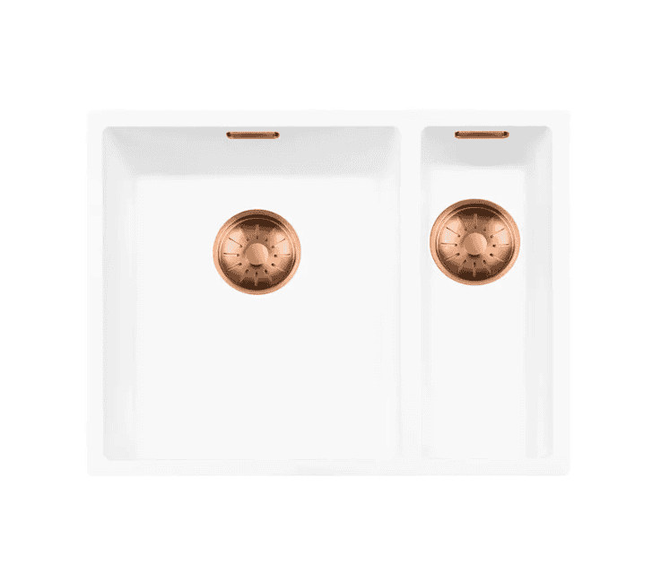 Lorreine 3415WQ-FU-Copper Luxe Anderhalve Keukenspoelbak Links Graniet Wit Met Korfplug Copper 34 x 40 + 15 x 40 Vlakbouw Of Onderbouw