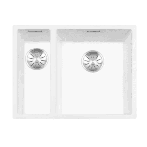 Lorreine 1534WQ-FU-Inox Luxe Anderhalve Keukenspoelbak Rechts Graniet Wit Met Korfplug RVS 15 x 40 + 34 x 40 Vlakbouw Of Onderbouw