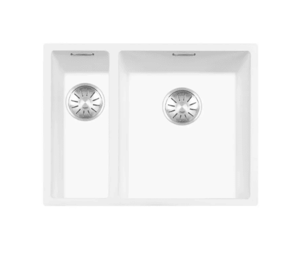 Lorreine 1534WQ-FU-Inox Luxe Anderhalve Keukenspoelbak Rechts Graniet Wit Met Korfplug RVS 15 x 40 + 34 x 40 Vlakbouw Of Onderbouw
