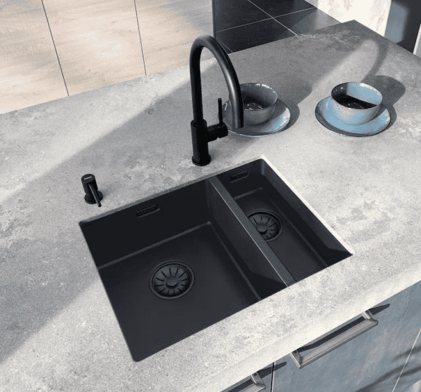 Lorreine 40BQ-FU-Gold Luxe Enkele Keukenspoelbak Graniet Zwart Met Korfplug Goud 40 x 40 Vlakbouw Of Onderbouw