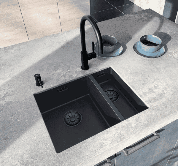 Lorreine 40BQ37-FU-Inox Luxe Enkele Keukenspoelbak Graniet Zwart Met Korfplug RVS 40 x 37 Vlakbouw Of Onderbouw