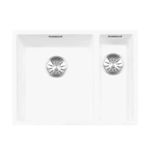 Lorreine 3415WQ-FU-Inox Luxe Anderhalve Keukenspoelbak Links Graniet Wit Met Korfplug RVS 34 x 40 + 15 x 40 Vlakbouw Of Onderbouw