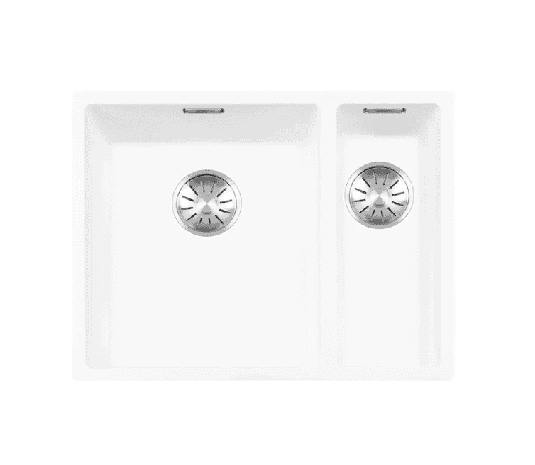 Lorreine 3415WQ-FU-Inox Luxe Anderhalve Keukenspoelbak Links Graniet Wit Met Korfplug RVS 34 x 40 + 15 x 40 Vlakbouw Of Onderbouw